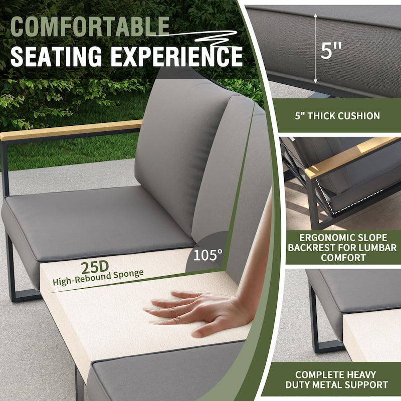 4-Piece Modern Outdoor Sofa Set - Iron Frame with Grey Cushions and Faux Wood Grain Coffee Table