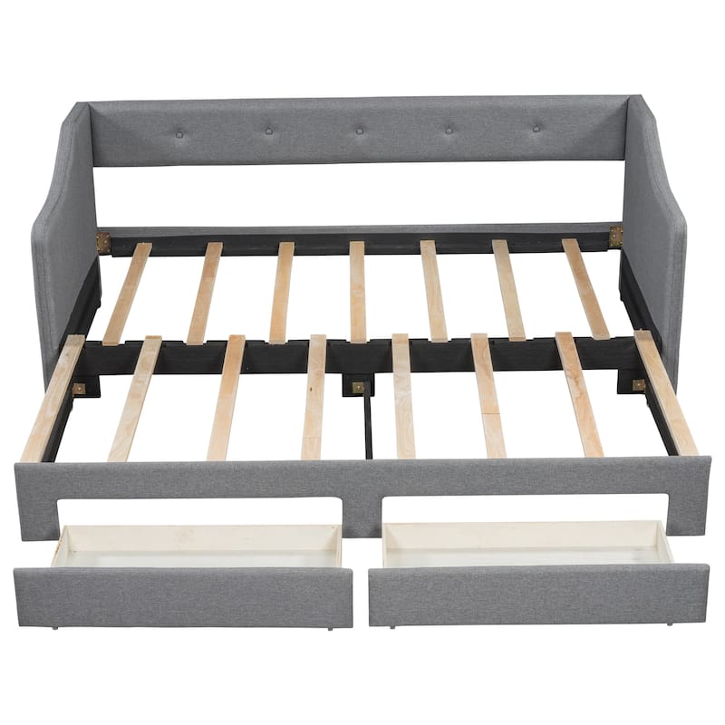 Twin XL to King Size Linen Fabric Daybed, Pull Out Upholstered Platform Sofa Bedframe with 2 Drawers, Wood Slats Support