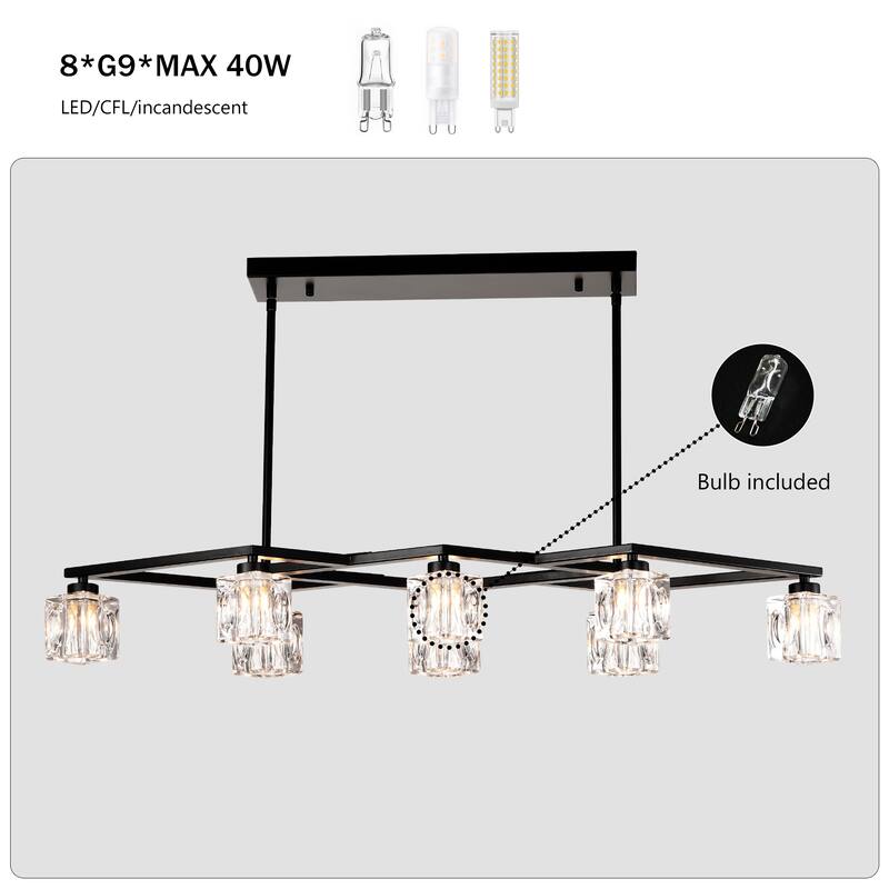 Matte Black 8-Light Industrial Crystal Chandelier, Adjustable Height Pendant Light Fixture for Dining Room, Kitchen, Foyer