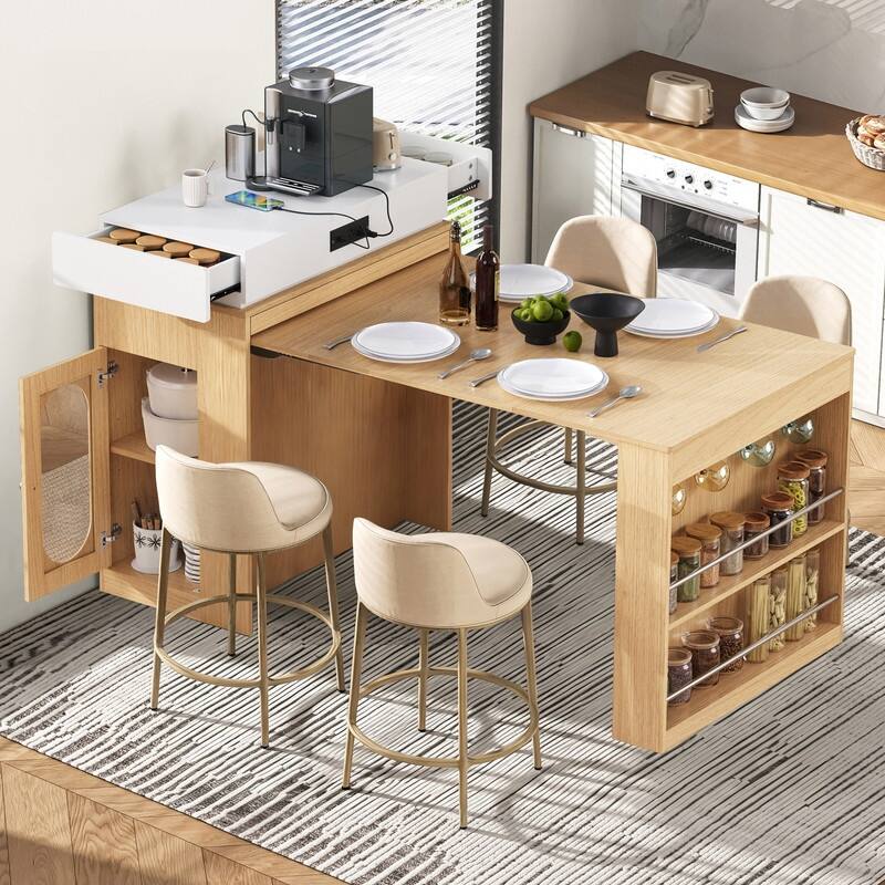 57.7" Kitchen Island with Extendable Top on Wheels, Kitchen Dining Table, Bar Table with Drawers and Power Outlet - Natural