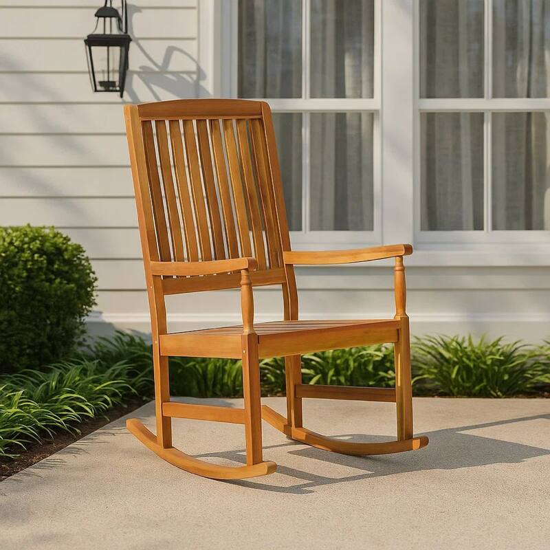 Fred Outdoor Rocking Chair, Slatted Back Design, Brown Acacia Wood