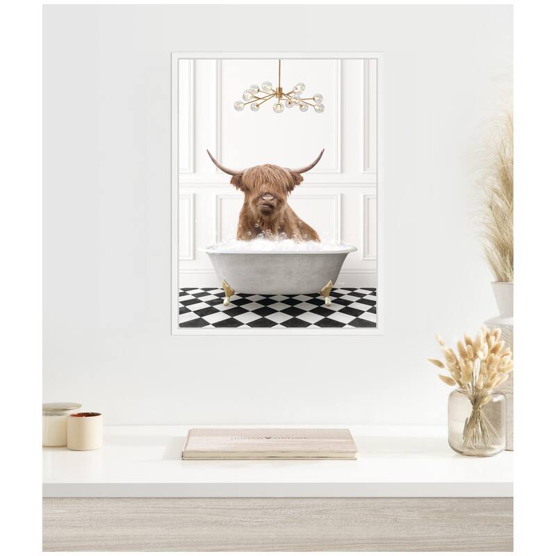 Kate and Laurel Sylvie Highland Cow in Gray Bathtub Checker Floor Framed Canvas by Amy Peterson