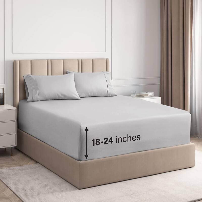 CGK Linens 4 Piece 100% Cotton Inch Extra Deep Pocket Bed Sheet Set - Queen - Light Grey