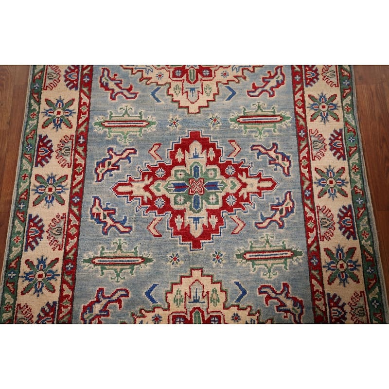 Light Blue Traditional Kazak Foyer Rug Hand-Knotted Wool Carpet - 3'3" x 4'11"