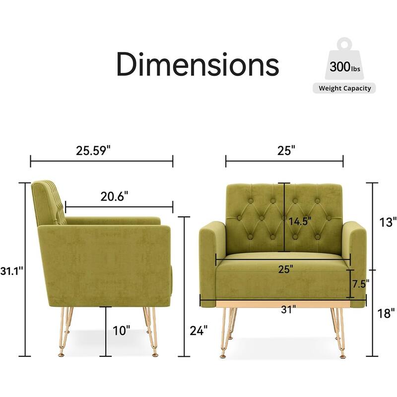 Comfy Velvet Accent Chair, Oversized Tufted Upholstered Reading Chairs, Single Sofa Chair with Metal Legs for Living Room