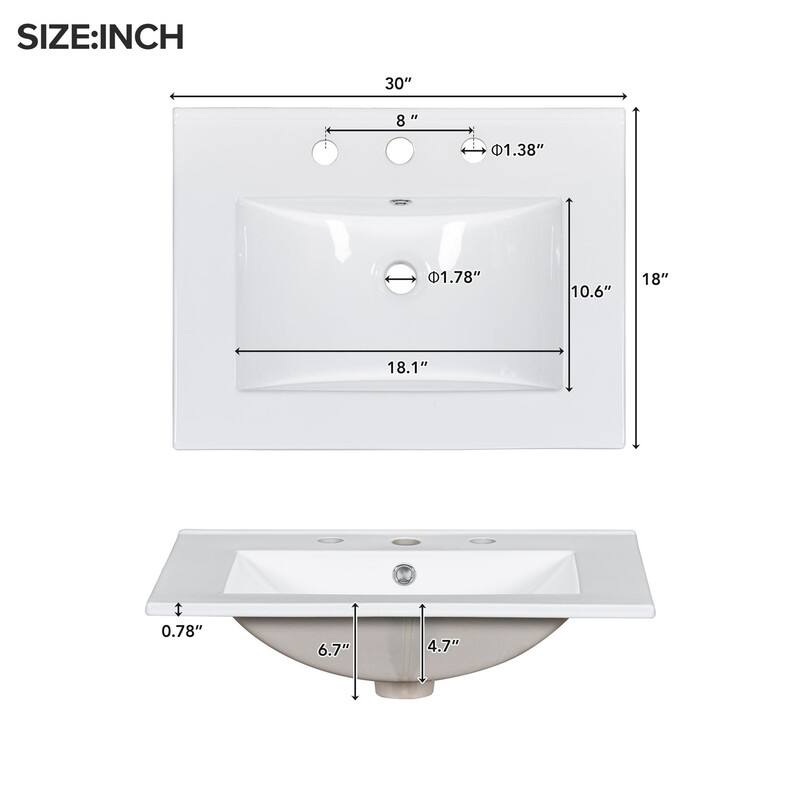 Modern Freestanding Bathroom Vanity with 30-Inch Ceramic Sink, Soft Close Storage Cabinet with 3 Drawers & Adjustable Shelf