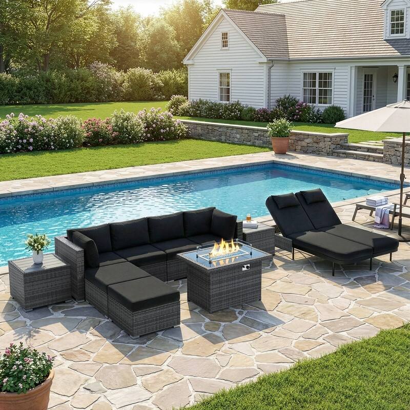 Outdoor Sectional Conversation Set PE Wicker with Double Chaise Lounge, 60,000 BTU Fire Pit Table - 10-Piece/Ottoman & Table - Black