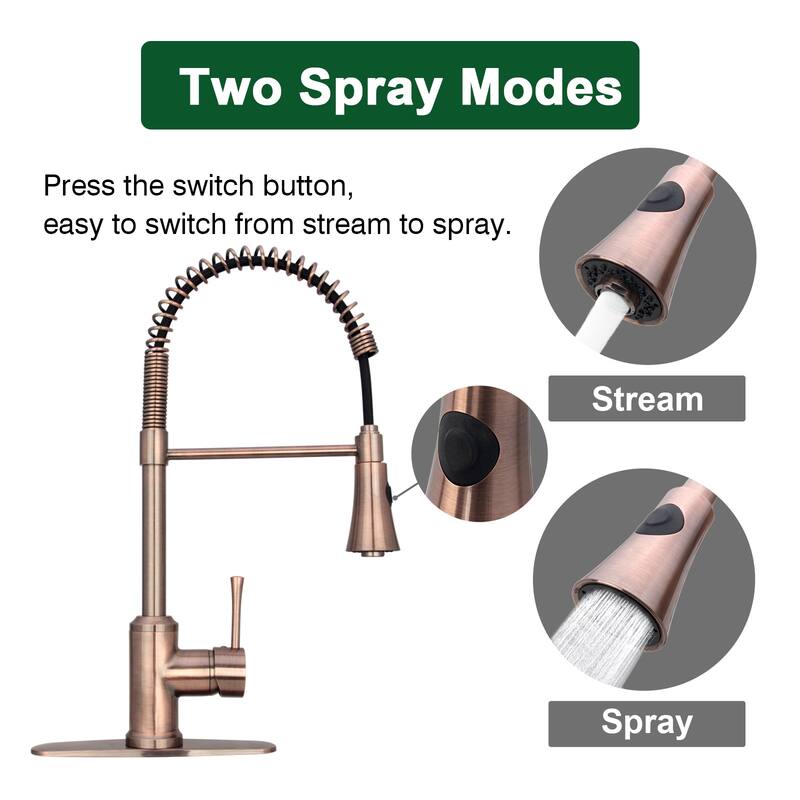 Copper Pre-Rinse Spring Kitchen Faucet, Single Level Handle and Pull Down Sprayer