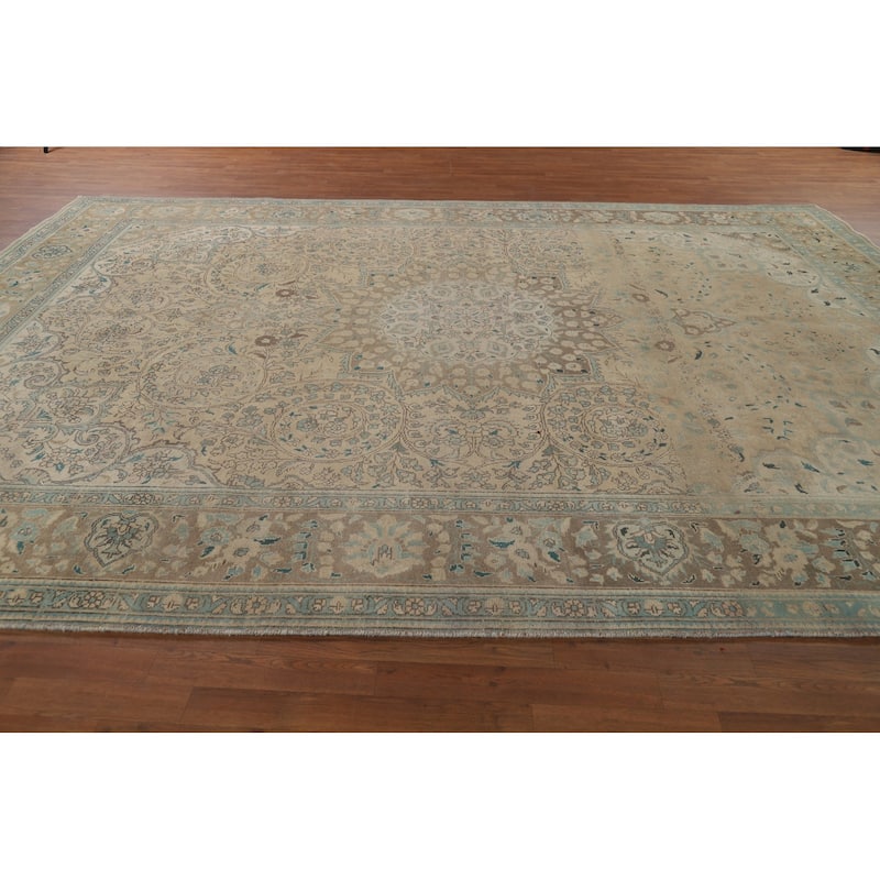 Distressed Tabriz Vintage Persian Rug Hand-Knotted Peach Wool Carpet - 9'11" x 13'3"