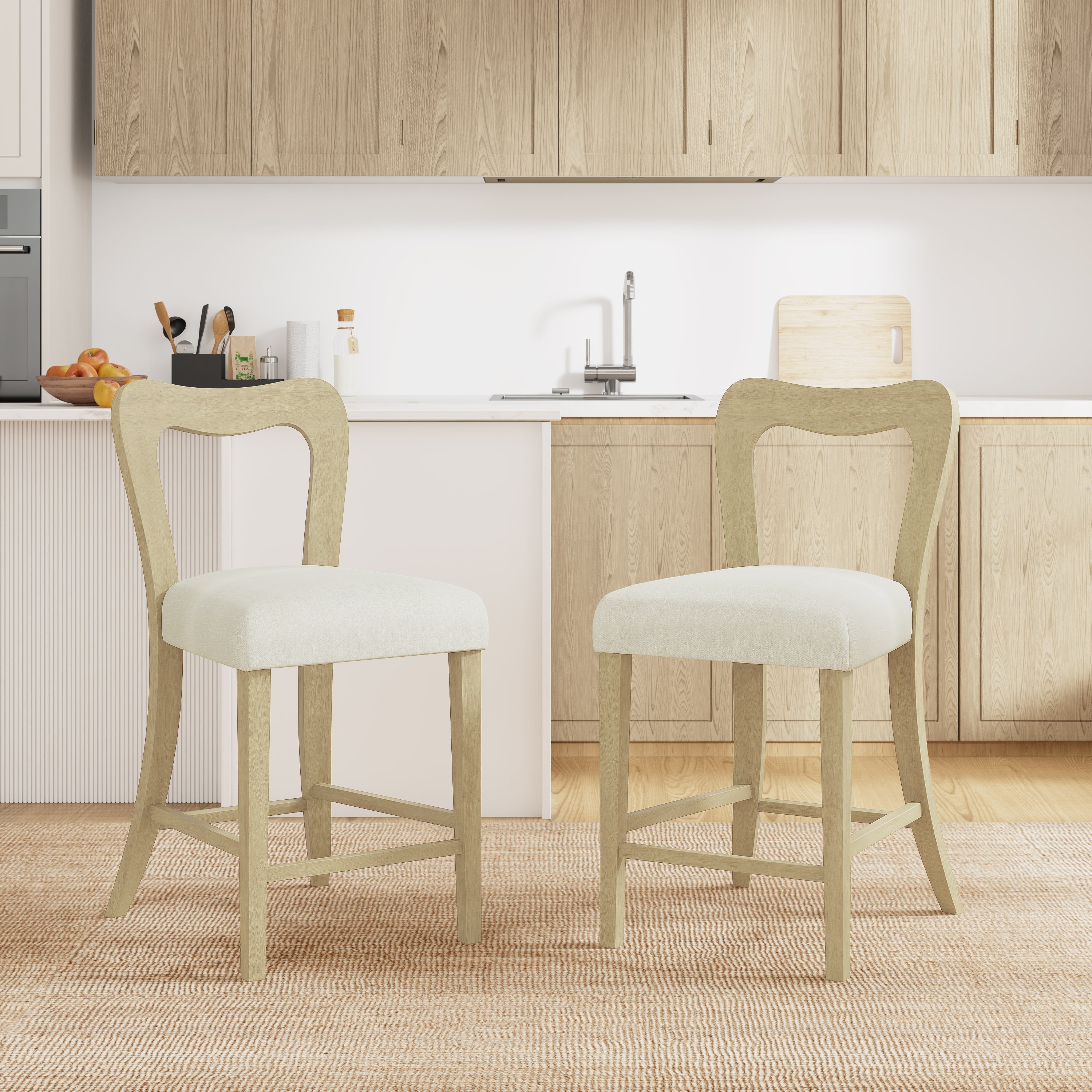 Set of 2 Counter Stools with Upholstered Seats, Rubberwood Frame, Armless Bar Height Stools