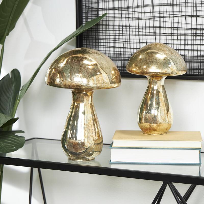 Glass Mushroom Glossy Weathered Decorative Sculpture - Set of 2 Green, Gold, Champane- Roche River Decor