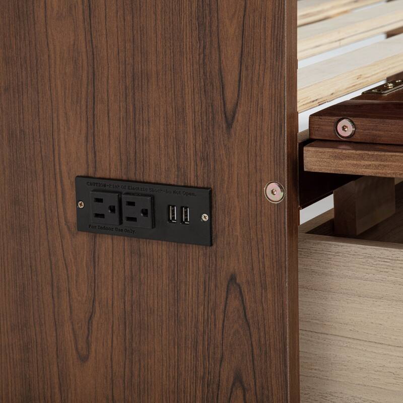 Queen Size Wood Murphy Bed with Power Station,Rattan Decoration Panel and Drawer