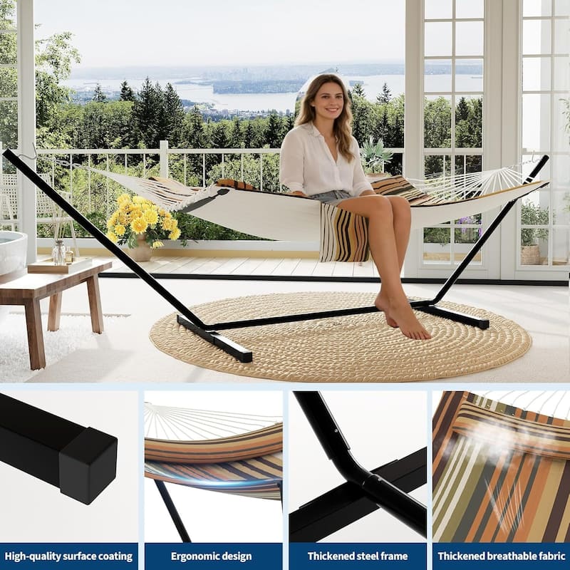 Portable Double Hammock with Stand for Outdoor Patio, Garden, Beach, Backyard, Max 450 Lbs Capacity
