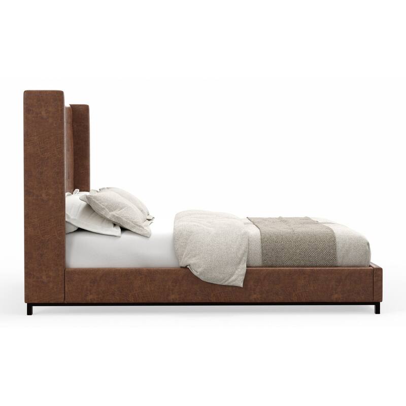 Tufted Wingback Bed - Faux Suede Platform Bed with Slats - Brown & Black