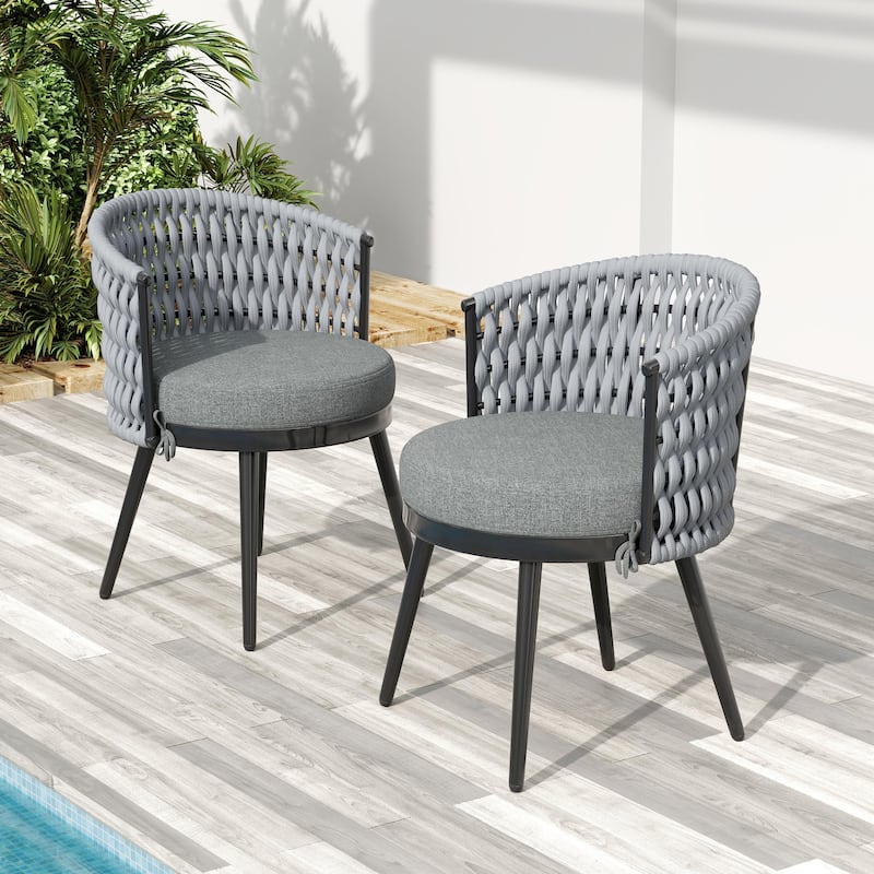 Roomfitters Metal Patio Dining Chairs with Rope Weave and Weather-Resistant Cushions for Garden Use, Set of 2