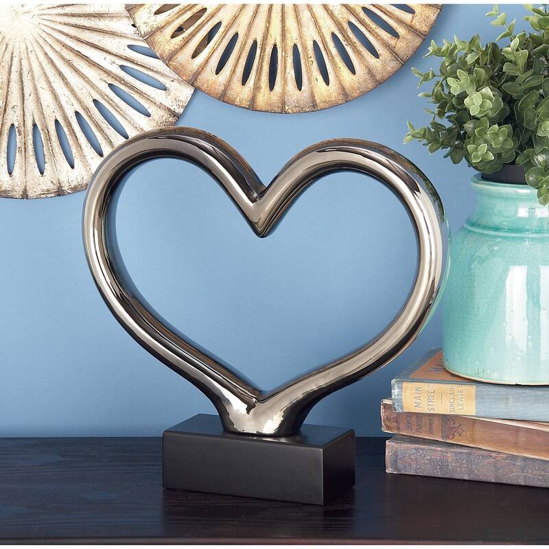 Silver Ceramic Heart Decorative Sculpture with Black Base - 13 x 3 x 2