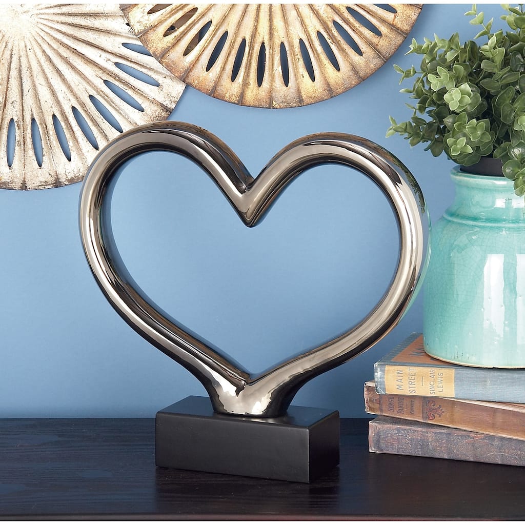 Silver Ceramic Heart Decorative Sculpture with Black Base - 13 x 3 x 2