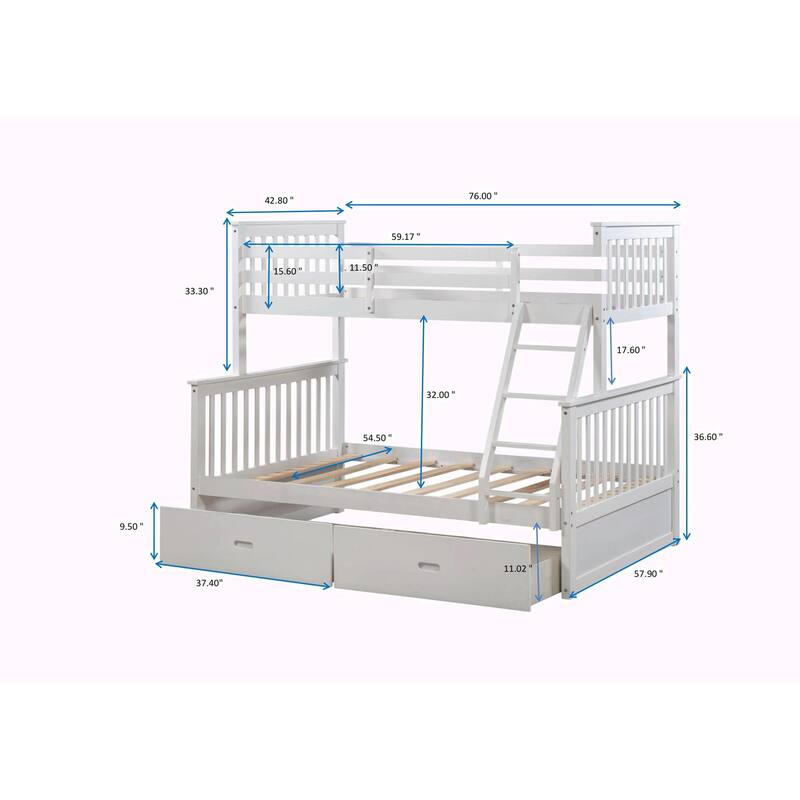 Twin Over Full Bunk Bed with Storage Drawers, Wooden Bunk Bed with Ladder and Safety Guard Rails