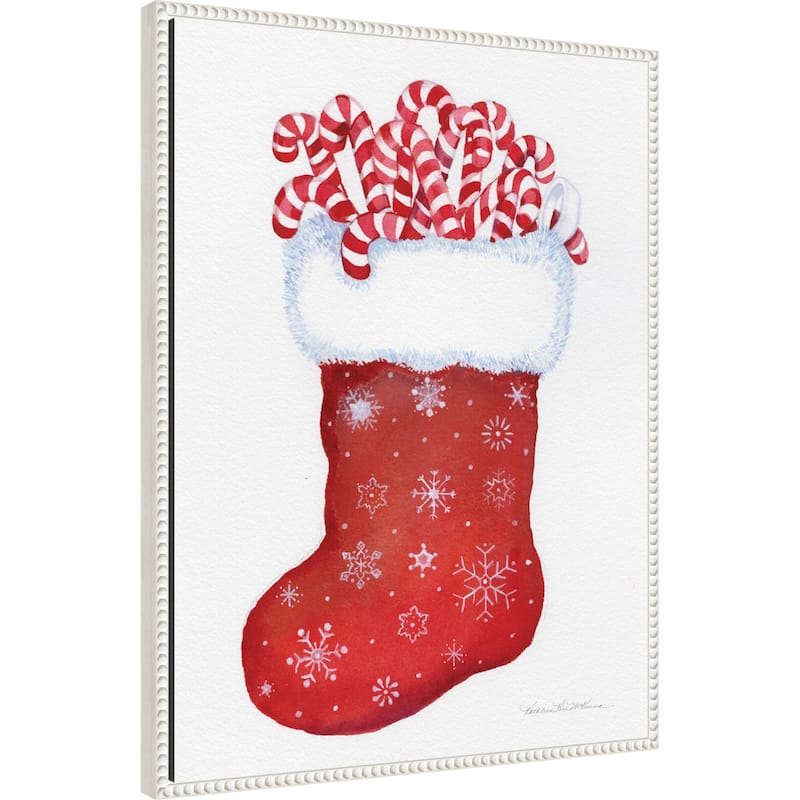 Candy Cane Stocking by Kathleen Parr McKenna (23 x 30 in.), Framed Canvas Wall Art Print - Sylvie Beaded White