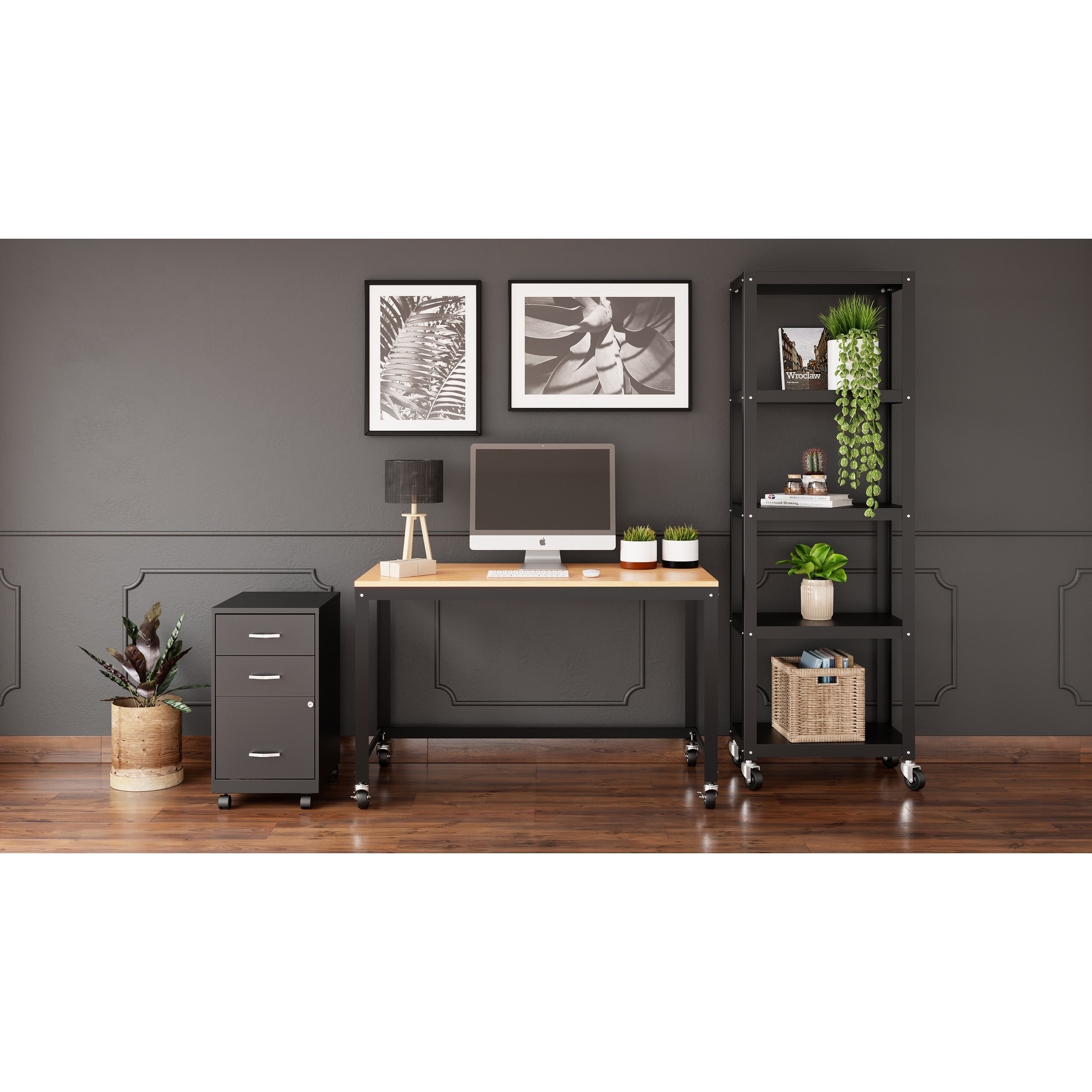 Space Solutions 48" W Mobile Metal Desk with Laminate Top, Black/Maple