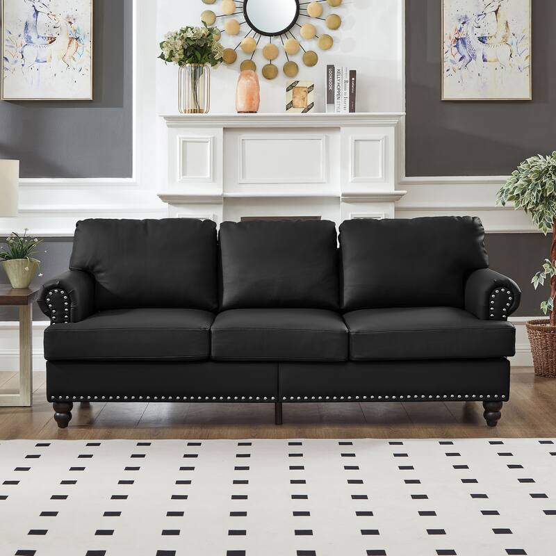 83" Modern Classic Design With Nails Sofa Leather Couch,Upholstered Imitation Cowhide Leather