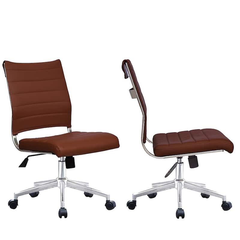 Set of 2 Modern Ergonomic Executive Mid back PU Leather Office Chairs No Arms Rest Tilt Adjustable Height With Wheels - Brown
