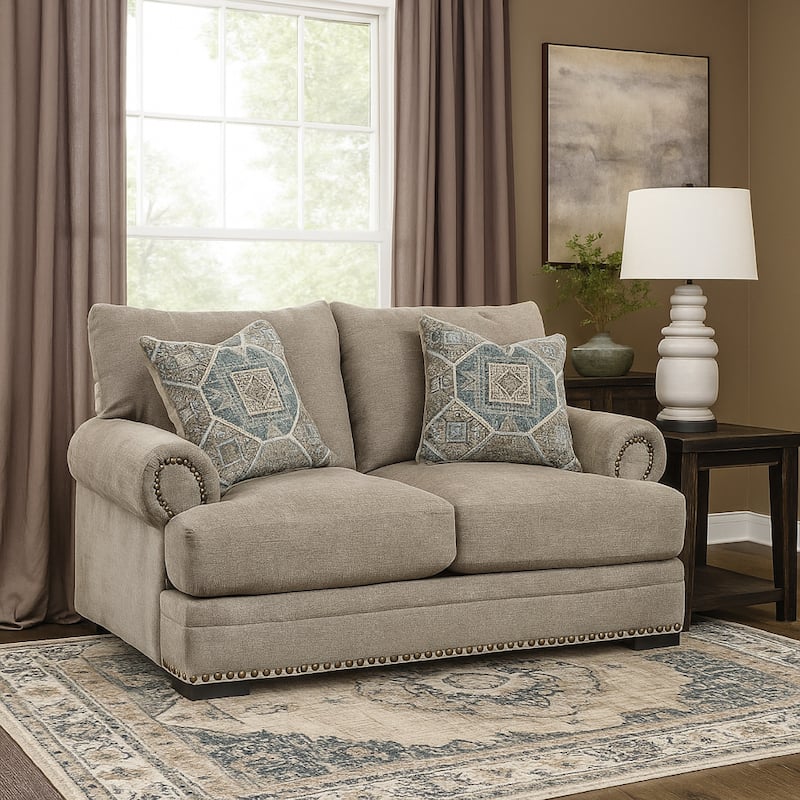 Golo Loveseat, 72 Inch, 2 Accent Pillows, Gray Fabric, Nailhead Trim