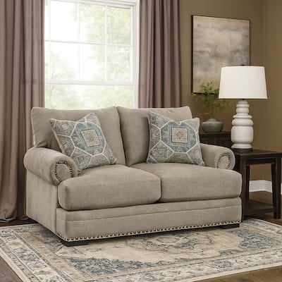Golo Loveseat, 72 Inch, 2 Accent Pillows, Gray Fabric, Nailhead Trim