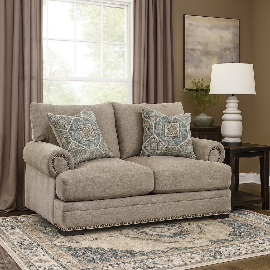 Golo Loveseat, 72 Inch, 2 Accent Pillows, Gray Fabric, Nailhead Trim