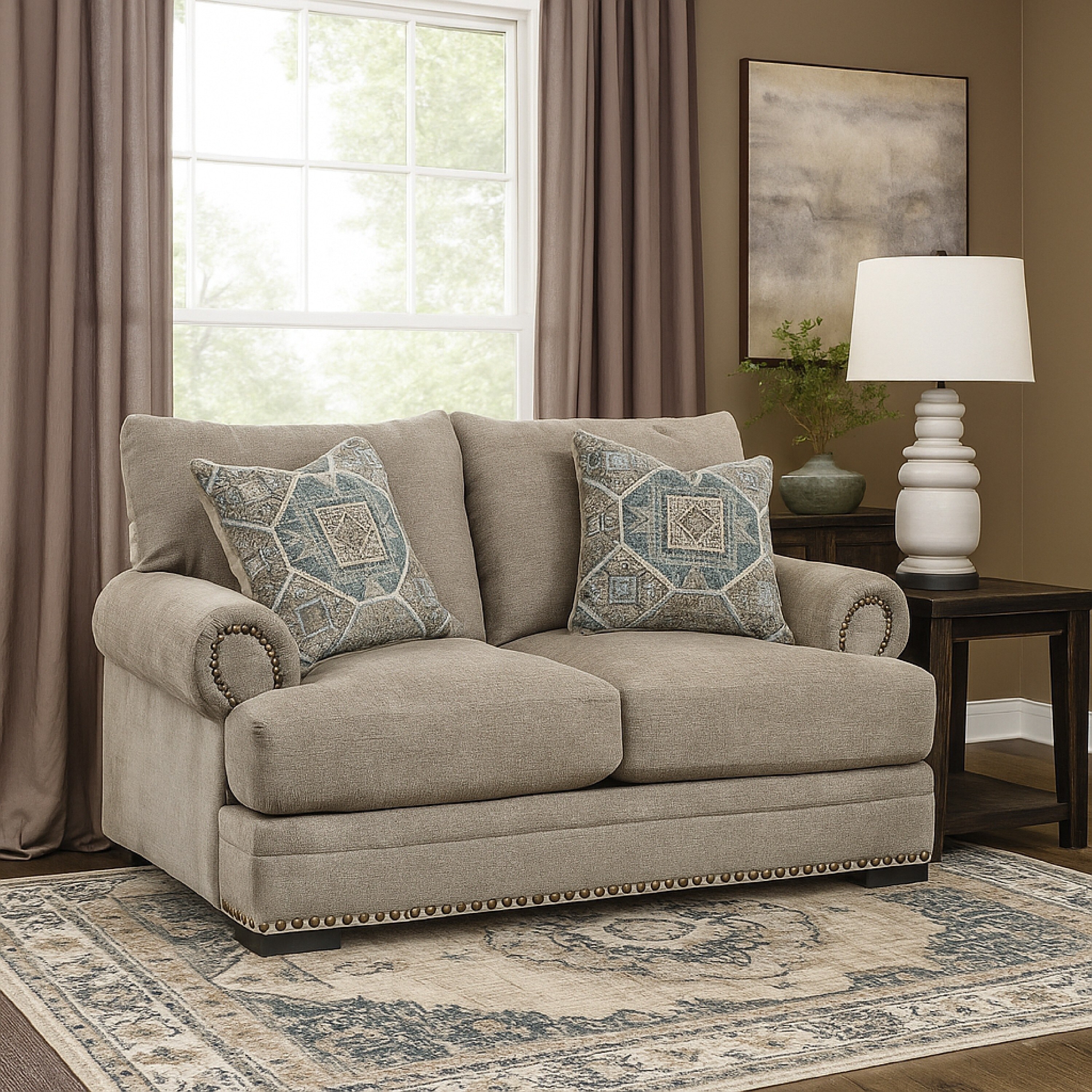 Lasy Sofa, Black Nailhead Trim and Dark Gray Polyester, Flared