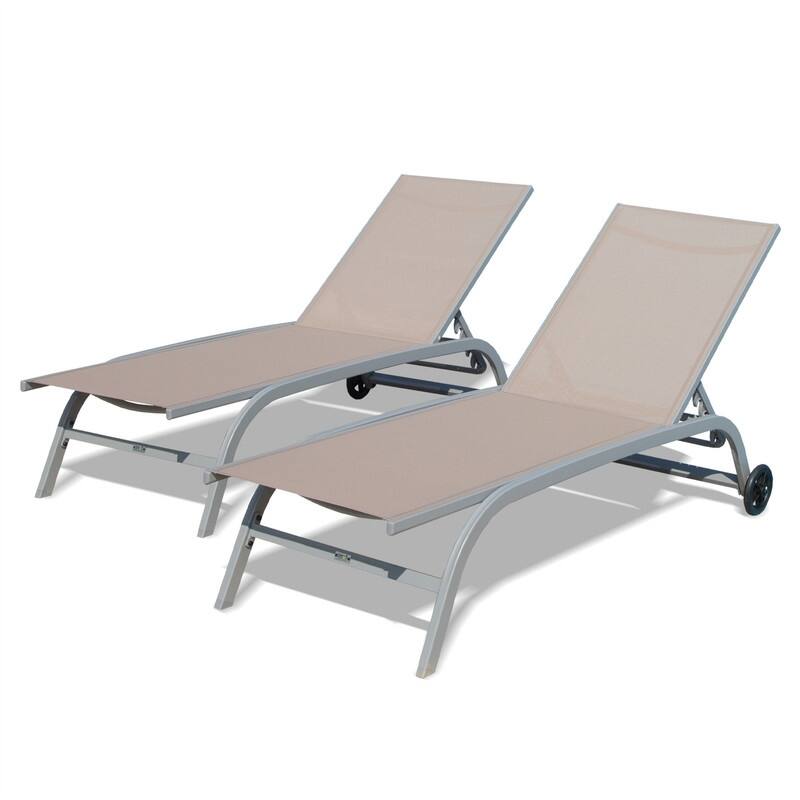 Outdoor Chaise Lounge Set (2 Piece),5 Position Adjustable Pool Chairs with Wheels for Patio, Backyard - Tan