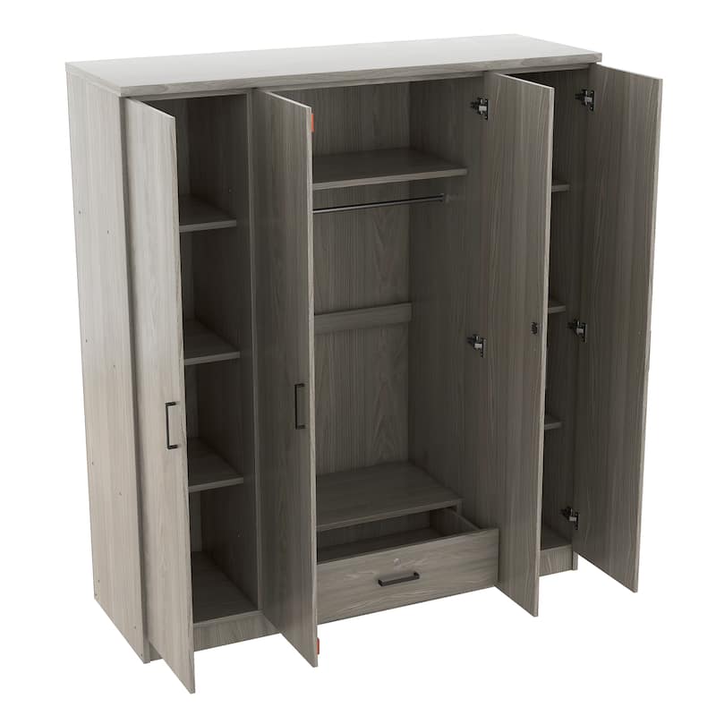 4-Door Armoire Bedroom Wardrobe with Drawer, Shelves and Hanging Rail