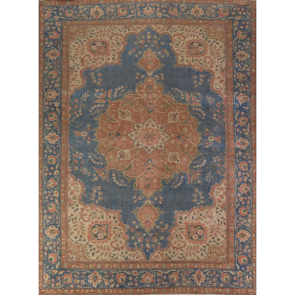 Floral Medallion Tabriz Persian Area Rug Blue Handmade Wool Carpet - 9'5"x 12'5"