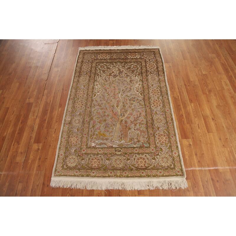 Hand Knotted Oriental Silk & Silver Carpet Traditional Floral Brown Hereke Area Rug - 5' 5'' X 3' 6''