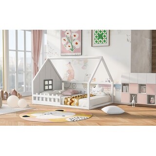 Full Size Playful Floor Bed with House-shaped Headboards and Window for Kids, Wood Toddler Bed with House Roof Frame and Fence