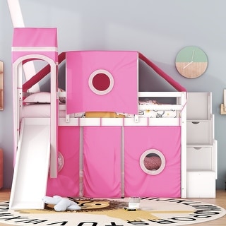 Multifunctional & Playhouse Design Loft Bed with Shelves,Slide and Drawers, Twin size, Pink