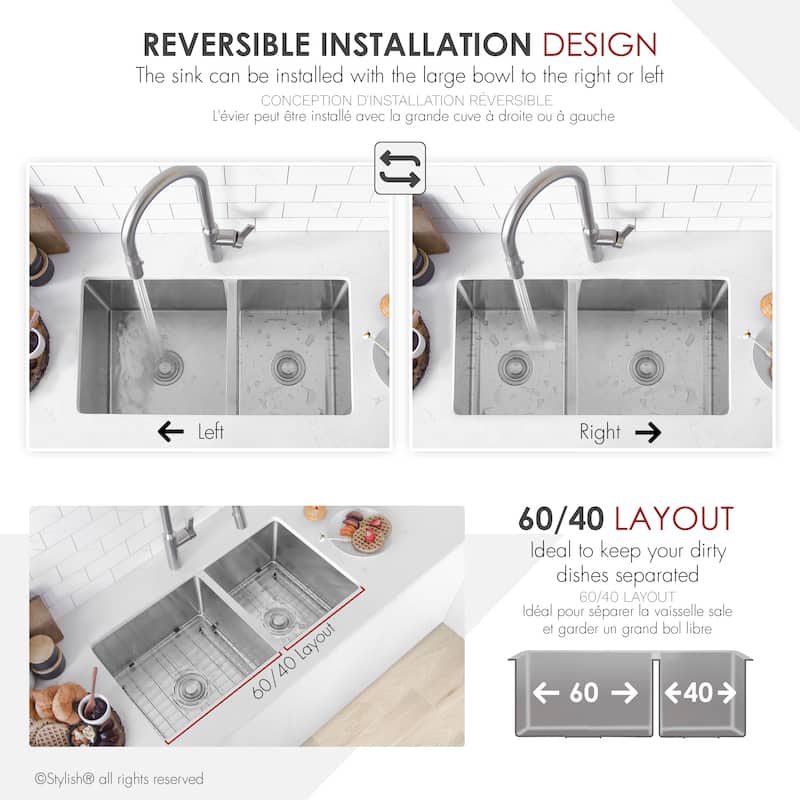 Undermount 33" Stainless Steel Double Bowl Kitchen Sink Handmade - 33" x 18" x 10"