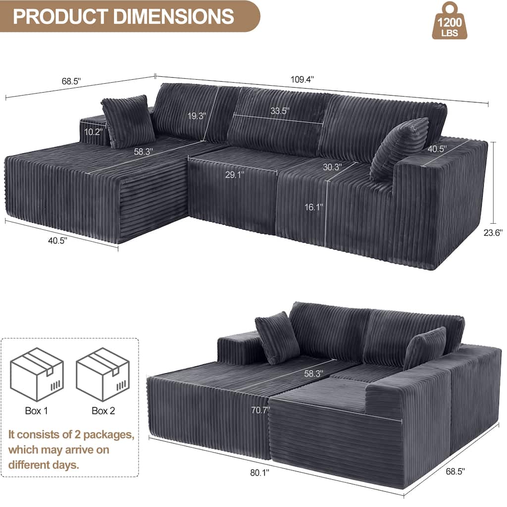Modular Sectional Sofa with L-Shape Chaise Lounge, Chenille Upholstered Cloud Sofa, Corner Deep Seat Sofa with Pillow