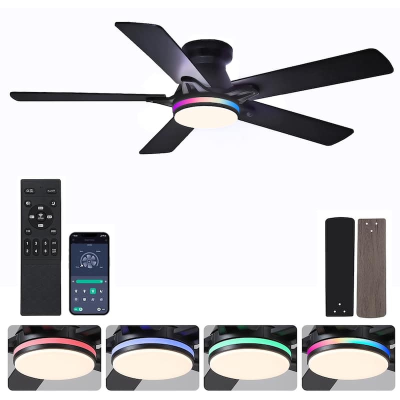 52 Inch Ceiling Fan with Light and Remote,Flush Mount Ceiling Fan,5 Dual Side Blades - 52 Inches