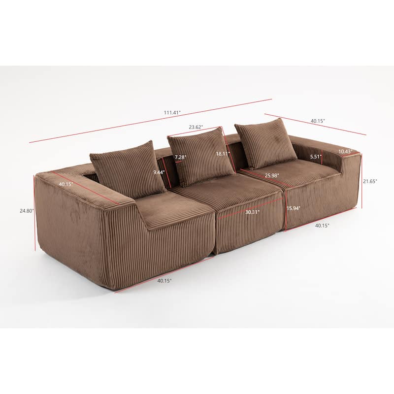 Deep Seat Modular Sofa Corduroy 3 Seater Lounge Couch with Pillows