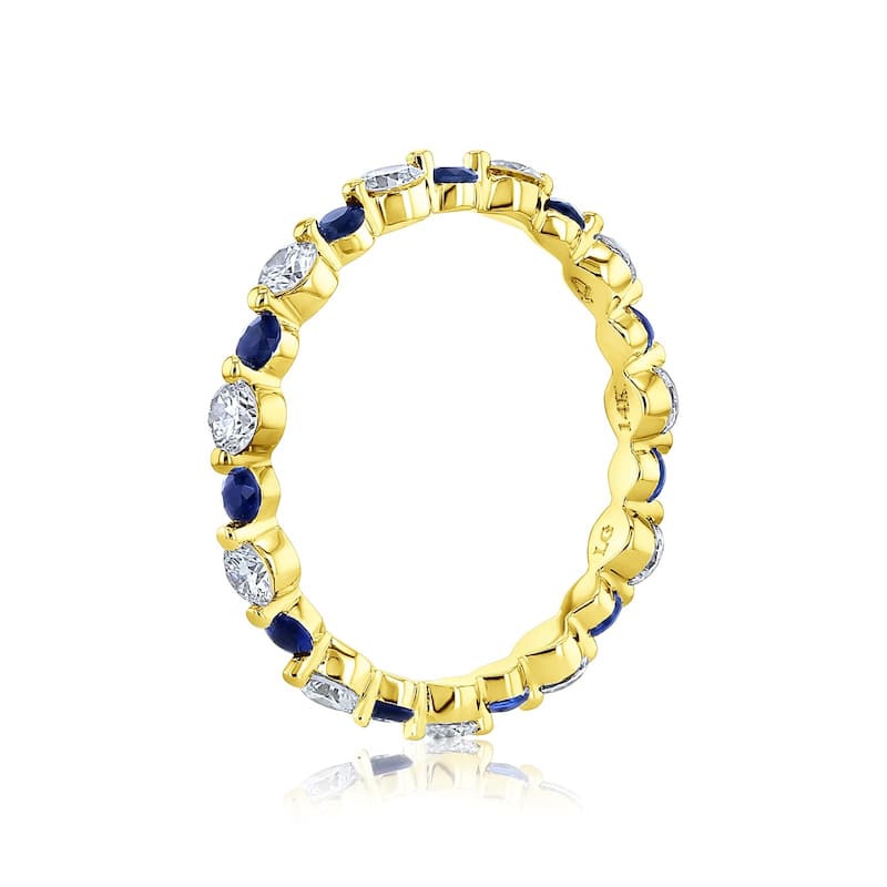 Kobelli Blue Sapphire & White Diamond 14k Gold Alternating Stackable Bead Prong Eternity Ring