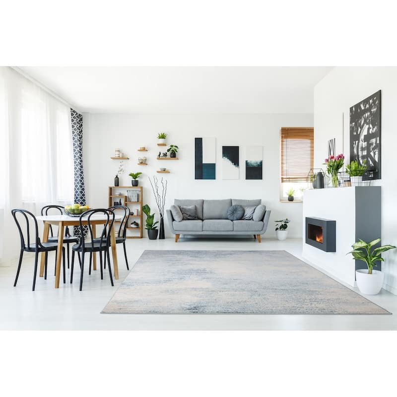 Blue Ivory Abstract Rustic Area Rug Tapis Living Room