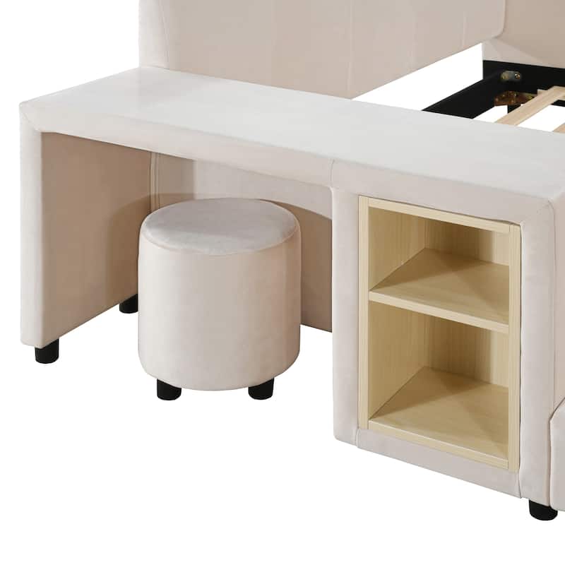 Queen Size Upholstered Grounded Bed, Mother & Child Bed with Bedside Desk and Little Round Stool, Velvet, Beige