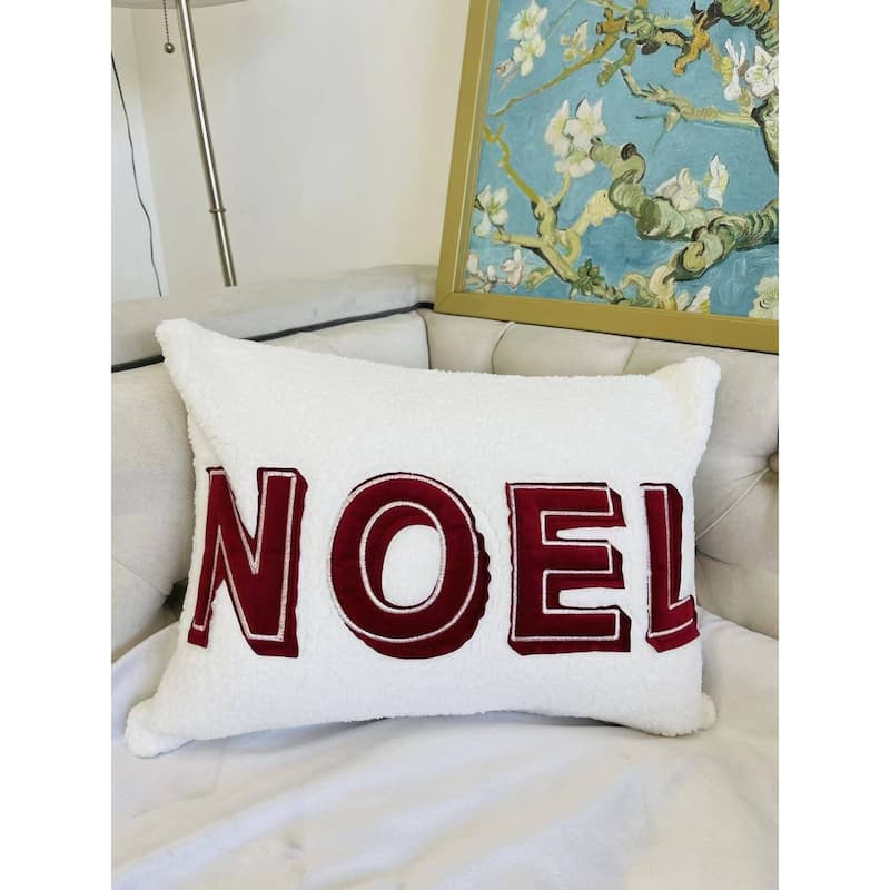 Noel Christmas Throw Pillow with Insert - 14x20" White Sherpa Accent Cushion in Red and Ivory