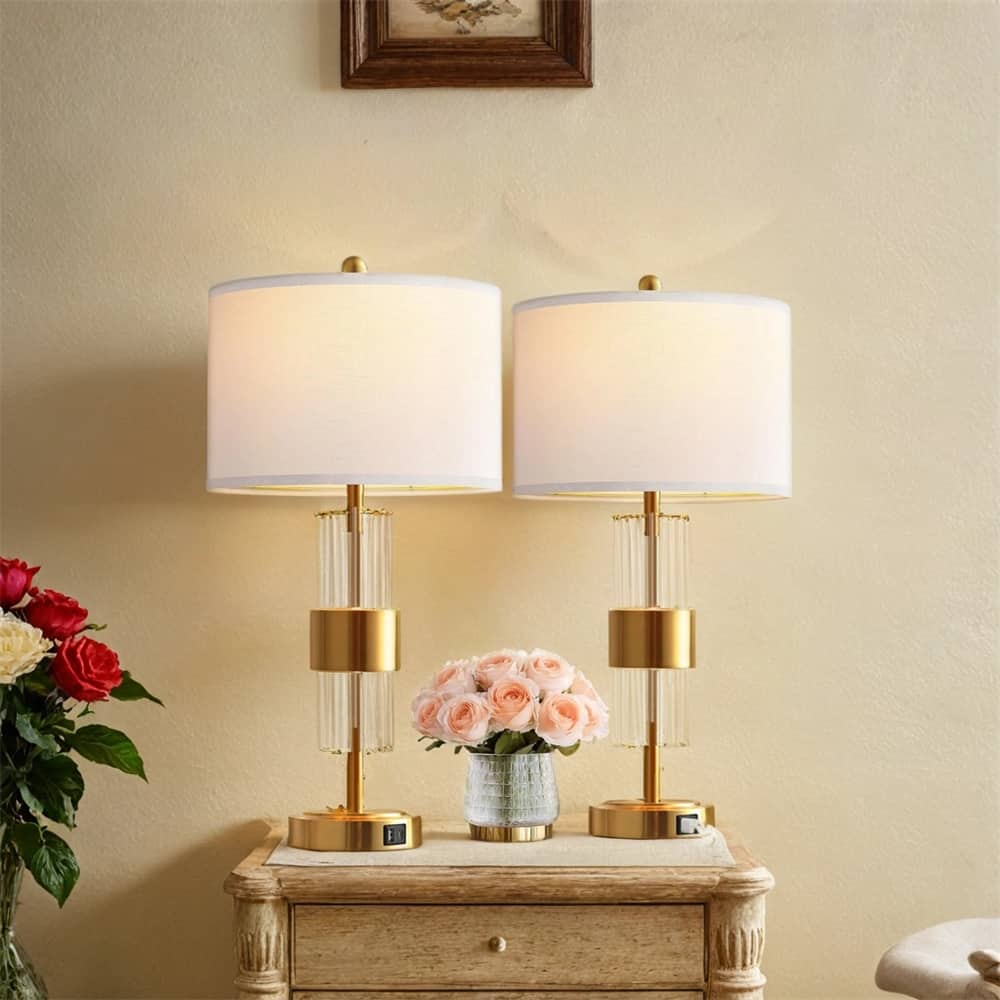 Bedside Table Golden Lamp With USB Ports,Set Of 2 With Touch Control