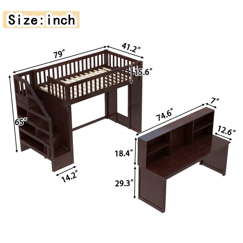 Children's Bedroom Solid Wood Loft Bed with Movable Desk, Storage Stairs, Shelves, Safety Guardrails and Optional Full or Twin