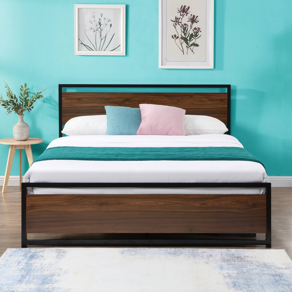 Industrial Platform Queen Bed Frame Mattress Foundation with Rustic Headboard and Footboard, Strong Steel Slat Support