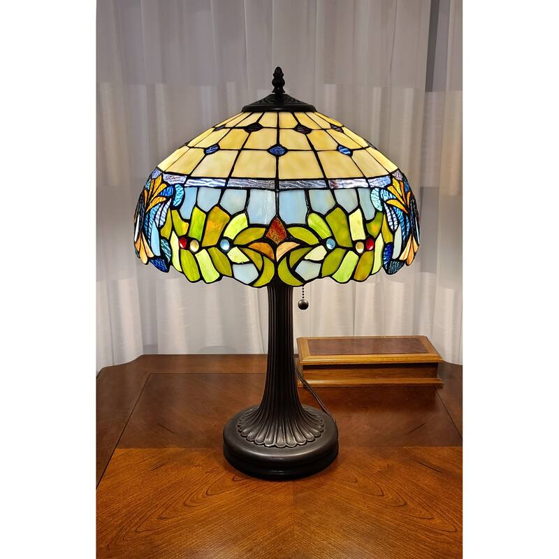 HomeRoots 23" Stained Glass Two Light Jeweled Floral Accent Table Lamp - 21 x 23 x 12