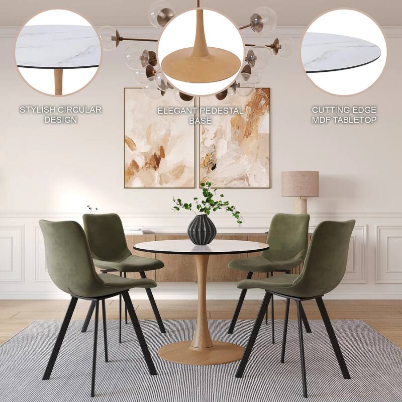 Bristol 27" Round Dining Table with MDF Top and Natural Wood Steel Pedestal Base for Modern Kitchen and Dining Room