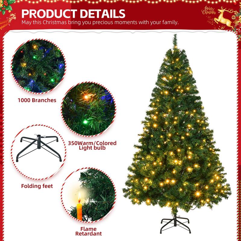 6 FT Artificial Christmas Tree with 1000 PVC Branch Tips and 350 LED Lights Remote Control - 6 Feet